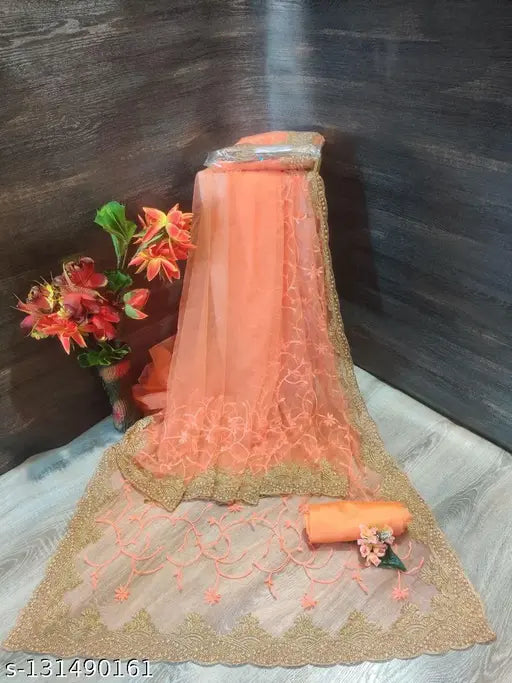 Fancy net saree with embroidered blouse in Banarasi silk, single free size, Indian origin