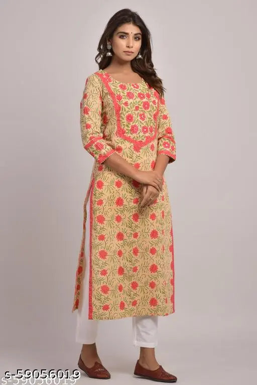 Pink Beige printed plus size cotton kurta, high-quality women's Indian fashion with three-quarter sleeves
