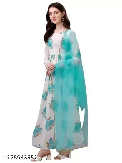 Printed poly georgette gown set in trendy styles for parties, weddings, or festivals, long sleeves, hand wash, Indian origin