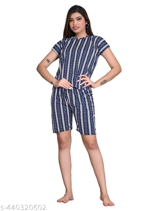 Trendy polycotton nightsuits for women and girls, featuring printed shorts & top set, elastic waist, comfortable loungewear from India