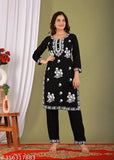 Rayon embroidered kurti set with pant and dupatta, featuring three-quarter sleeves. Latest designer ladies rayon kurta and bottomwear, available in L, XL, XXL, XXXL, and 4XL sizes. Made in India