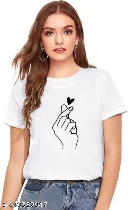 Stylish, fashionable women's polycotton t-shirt with short sleeves and printed design. Available in sizes S to XL, colors include black, sea green, and maroon. Quality direct from Indihar Fashion