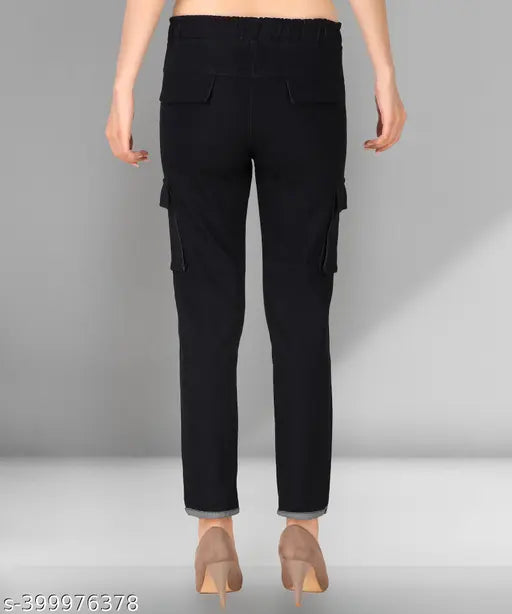 Stretchable premium black denim cargo joggers, anti-shrink fabric, women's plus size (32-5X), baggy fit with tie-ups