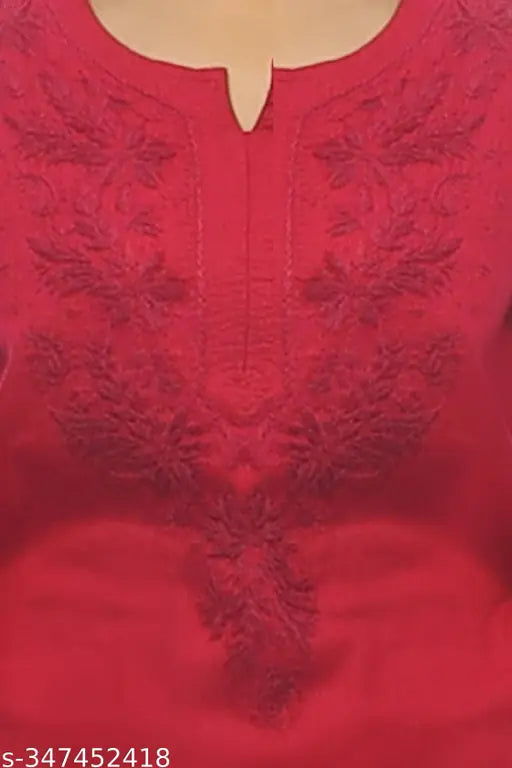 Cotton Kashmiri short kurti self, embroidered in traditional chikankari style, three-quarter sleeves, XS (36in bust), handmade from Lucknow, India