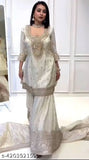 White women's embroidered silk Kurta set with matching Gharara, heavy micro cotton lining and elastic, three-quarter sleeves, India origin