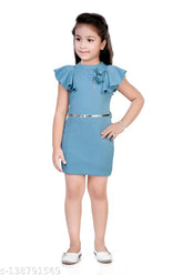 Red polyester bodycon mini dress with shoulder frill, lining, zipper back, and fashionable belt - 13-14 years size