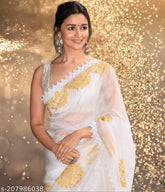 White Georgette saree with mirror work embroidery, comes with separate Banarasi silk blouse piece. Alia Bhatt design, Indian origin