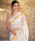 White Georgette saree with mirror work embroidery, comes with separate Banarasi silk blouse piece. Alia Bhatt design, Indian origin