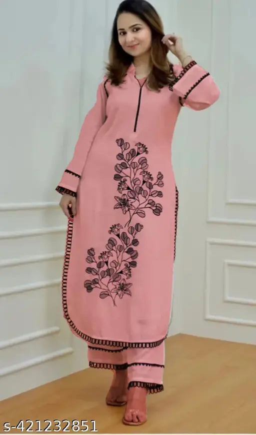 Black rayon Kurta set with printed net pattern, long sleeves, pants, lace detailing, and thread embroidery - Pakistani style clothing for women, India origin