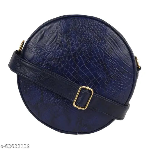 Navy faux leather sling bag with textured croco pattern - vegan, casual, free size from India