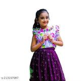 Kids baby girls classic lehenga choli set, satin top with short sleeves and embroidered rayon lehenga, printed design, stitched, size 2-14 years (India origin)