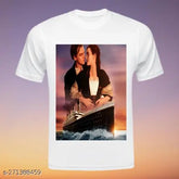 White polydot fancy Titanic print half-sleeve t-shirt, soft polycotton fabric, round neck, suitable for various occasions. Made in India