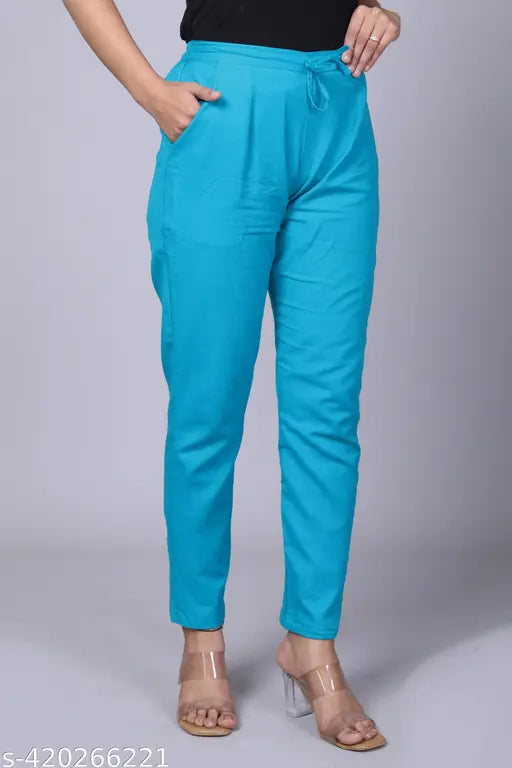 Cotton blend, solid color women's trouser pant by Pyore - comfortable, stylish daily wear with elastic side pocket