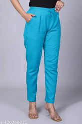 Comfy cotton blend women's trouser pant by Pyore. Solid color, elastic side pocket, easy-wear flax fabric. Indian traditional design