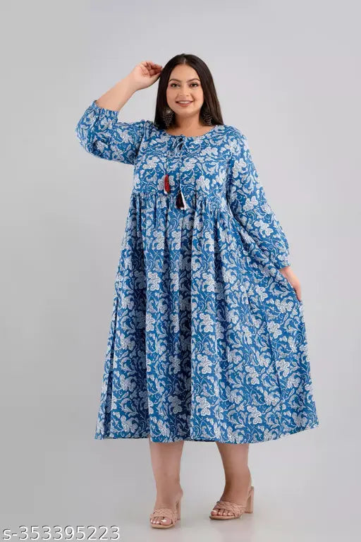 Plus size long cotton kurti, three-quarter sleeves, printed combo, XS-10XL, Indian ethnic wear