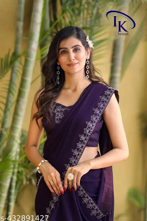 Wine Georgette saree with diamond work, embroidered Bangalori silk blouse for free size trendy party wear