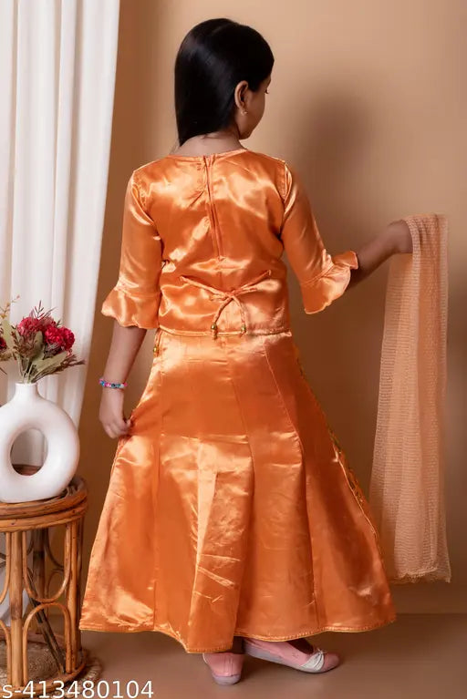 Modern fancy kids' satin-cotton lehanga cholis with long sleeves, embroidered patterns. Girl's party wear ethnic fashion set from India