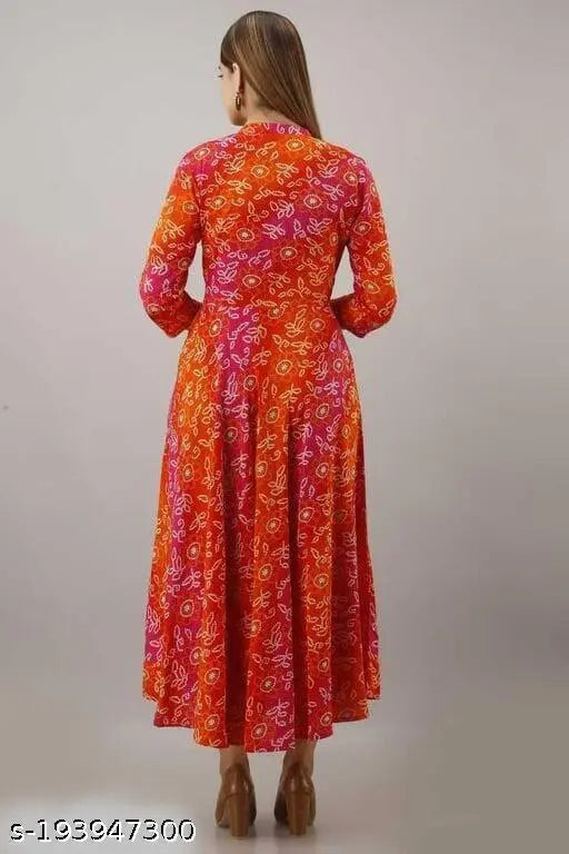 Multicolor rayon anarkali ankle kurta with three-quarter sleeves, intricate printed design, contemporary casual fashion for women