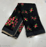 Black net saree with embroidered work and unstitched dupion silk blouse pieces, featuring all-over border moti work. Suitable for parties, weddings, or special occasions. Made in India