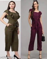 Trending purple-olive poly crepe jumpsuit combo, printed net pattern for women's fashion, versatile clothing style