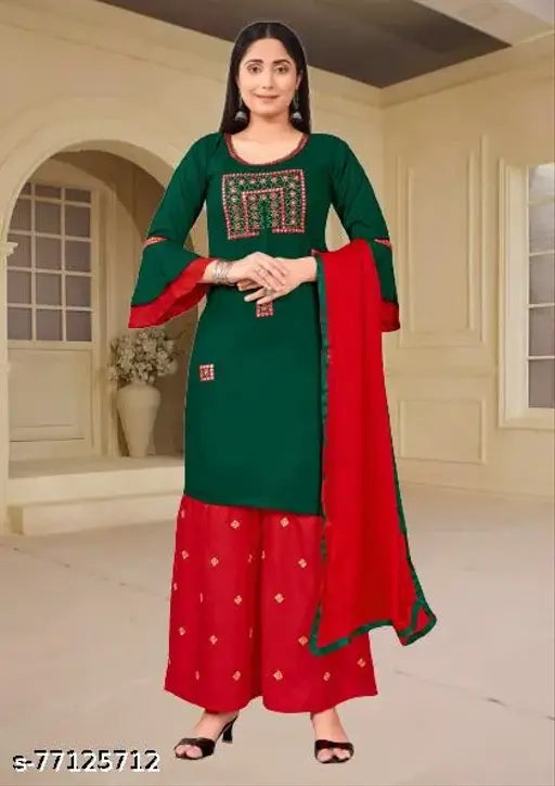 Rayon embroidered dupatta set for women, three-quarter sleeves, India origin