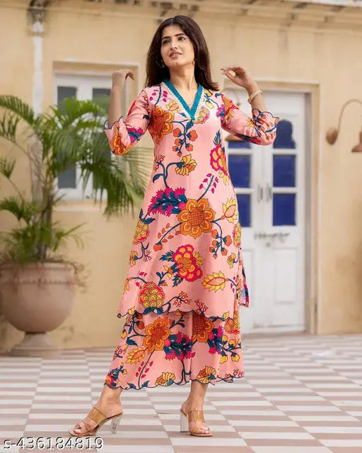 Trendy printed cotton blend kurta and palazzo set, perfect for all occasions, Indian ethnic wear for casual, festive, religious ceremonies, office, lounge, and leisure. Blend cotton fabric