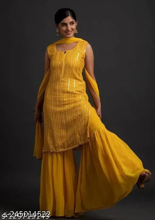 Ethnic Georgette Sequinned Yellow Sharara Set with Dupatta, Indian women's fashion, single or XXL sizes available