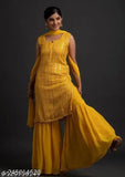 Ethnic Georgette Sequinned Yellow Sharara Set with Dupatta, Indian women's fashion, single or XXL sizes available