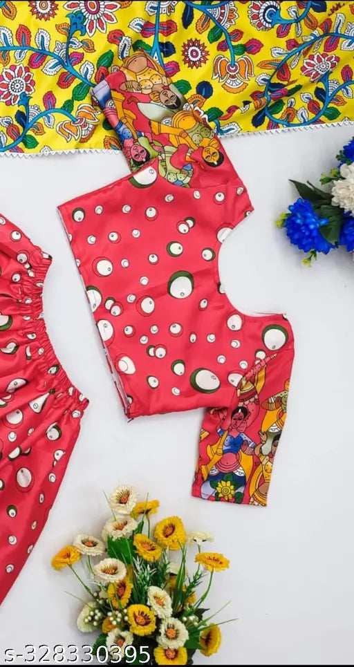 5-6 year old kids lehenga choli in satin, ethnic motif print for party or haldi