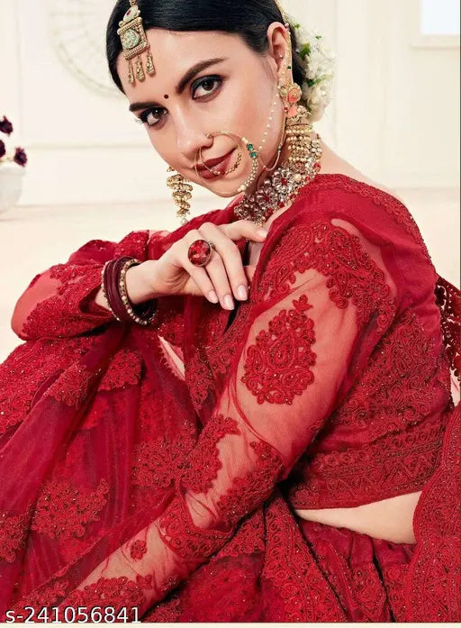 Red net embellished Abhisarika Lehenga set, semi-stitched (42m/44m/2.3m), Indian traditional party wear