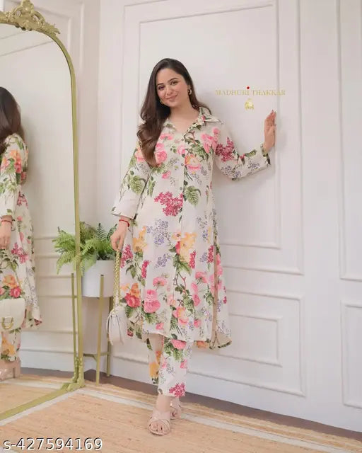 Rayon kurti set with printed net bottomwear, three-quarter sleeves for women's ethnic fashion