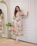 Rayon kurti set with printed net bottomwear, three-quarter sleeves for women's ethnic fashion