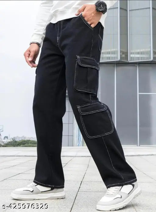 Men's loose baggy fit washed cargo jeans, cotton blend solid net, size 32 (waist 32in, length 40in, hip 40in), Indian-made denim apparel on model