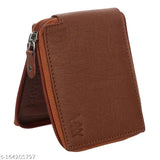 Tan faux leather travel wallet for men and women, 3 card slots, durable texture, compact size, round zip closure, lightweight, perfect gift accessory