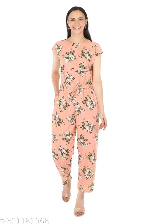 Peach crepe jumpsuit, Pearl N Vera for women and girls, printed net pattern on display