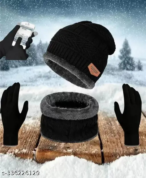 Wool winter cap, muffler and gloves, solid pattern, comfortable onesize set for cold weather, made in India