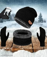 Wool winter cap, muffler, and gloves - solid pattern, comfortable, onesize combo for cold weather, handmade in India