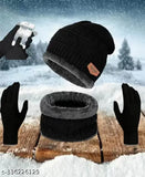Wool winter cap, muffler and gloves, solid pattern, comfortable onesize set for cold weather, made in India
