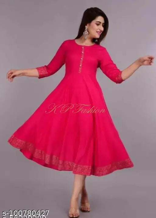 Rayon, three-quarter sleeve pink Anarkali Kurti with solid print border, Sparsh Collections women's fashion