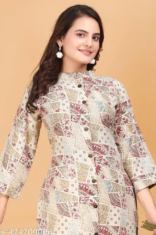 Art Silk women's straight kurta and palazzo set, three-quarter sleeves, printed design, Indian ethnic wear