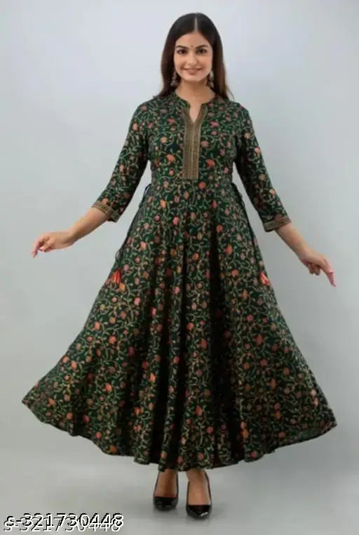 Rayon three-quarter sleeve printed gown, vibrant Indian design for elegant events