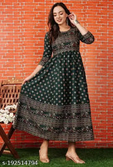 Rayon, three-quarter sleeve printed kurtis for Sanganeri lovers, vibrant color combination, XXL (Bust 44in, Length 52in), India-made festive dress