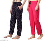 Multicolor printed cotton pyjama lounge pants for women & girls (pack of 2), soft and elasticated maxi-length nightwear