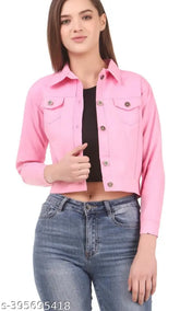 Pink denim unisex jacket, solid pattern, three-quarter sleeves, India origin