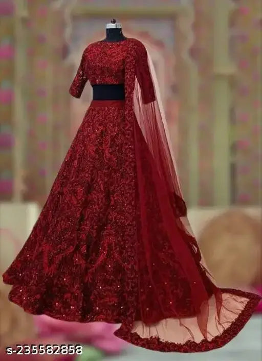 Embellished taffeta silk choli with net dupatta and super net bottomwear, Indian bridal wear for free size (Lehenga waist 42m, Lehenga length 44m, Dupatta 2m)