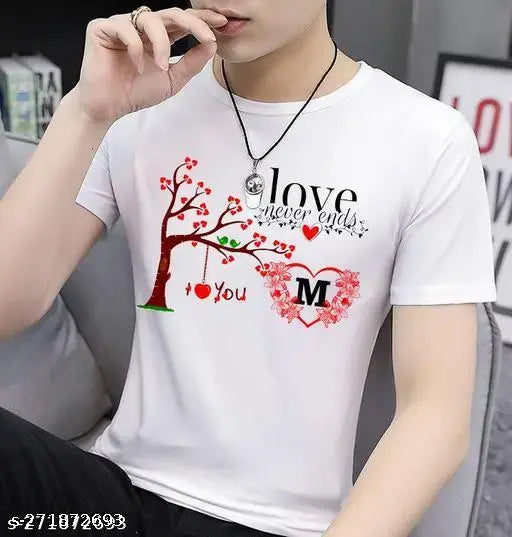 White polyester short-sleeved printed t-shirt featuring M love alphabet heart tree design, ideal for men and women