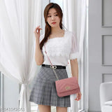 Gorgeous faux leather/leatherette gold chain strap slingbag for women, solid net design, free size (10x2x6in), elevating daily routine with FOMMIL, made in India