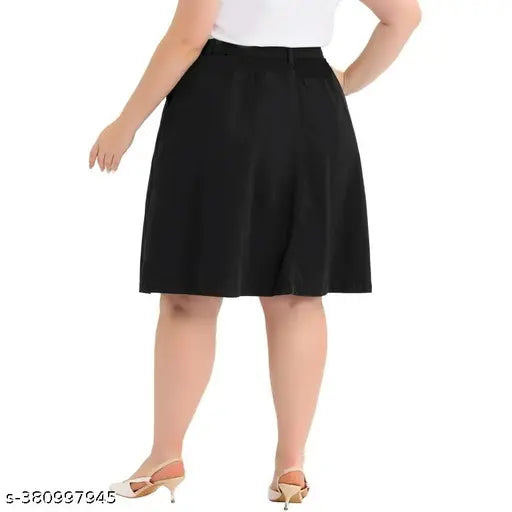 Black denim plus size A-line midi skirt, solid pattern, breathable and home washable