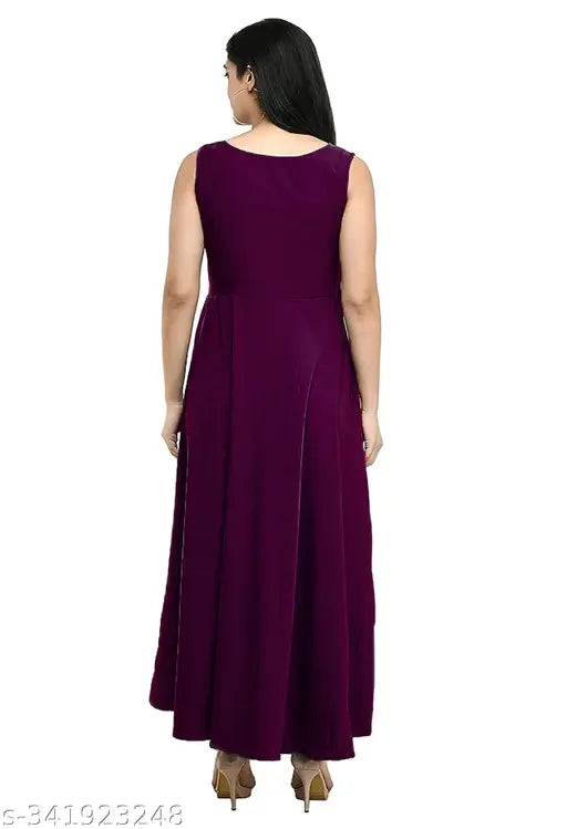 Purple crepe maxi dress with Siroski work for women, long and solid design on a mannequin