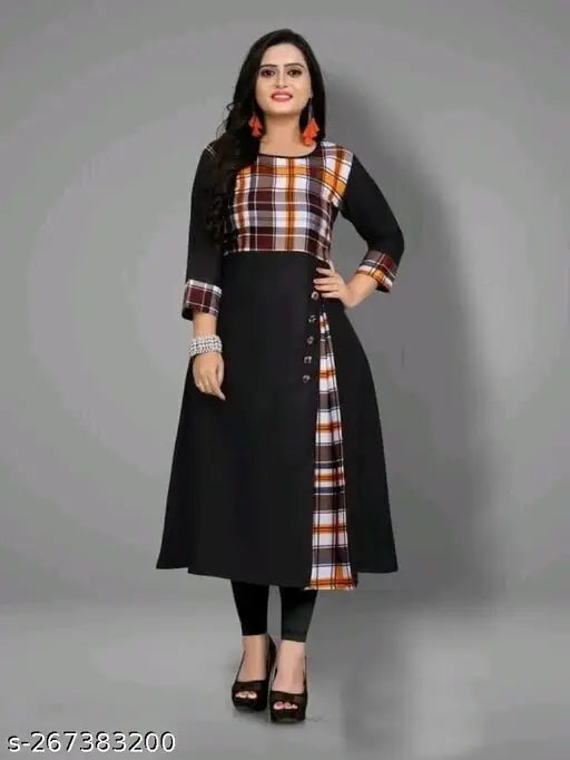 Black cotton printed kurti, three-quarter sleeves, checked pattern. Perfect for parties or outings. Lightweight cotton blend ensures comfort and a perfect fit. Made in India